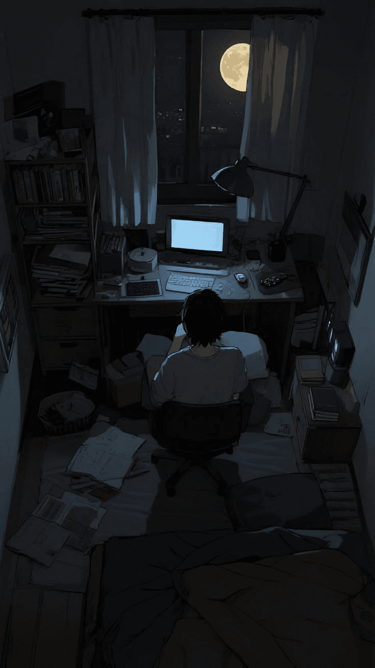 Illustration of a figure working at a desk late at night, lit by a monitor and a full moon through the window.